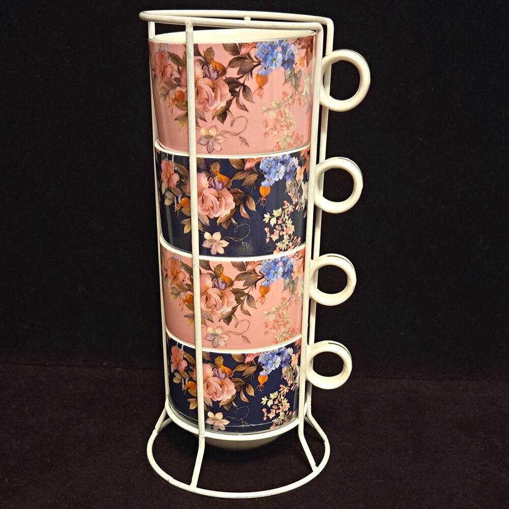 Grace Teaware Stackable Floral Mugs Set of 4 White Metal Stand Fine Porcelain